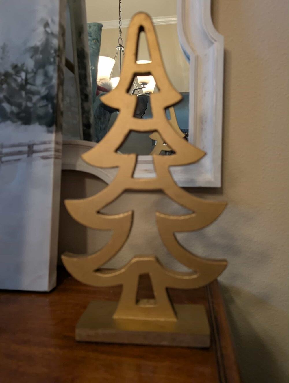 WOOD GOLD CHRISTMAS TREE FREE STANDIND HOLIDAY DECOR 14.5" FESTIVE